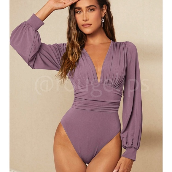Rouge! Tops - Dusty Lavender Elegant V neck Bodysuit Long Bishop Sleeves Stretchy Ruched Wais